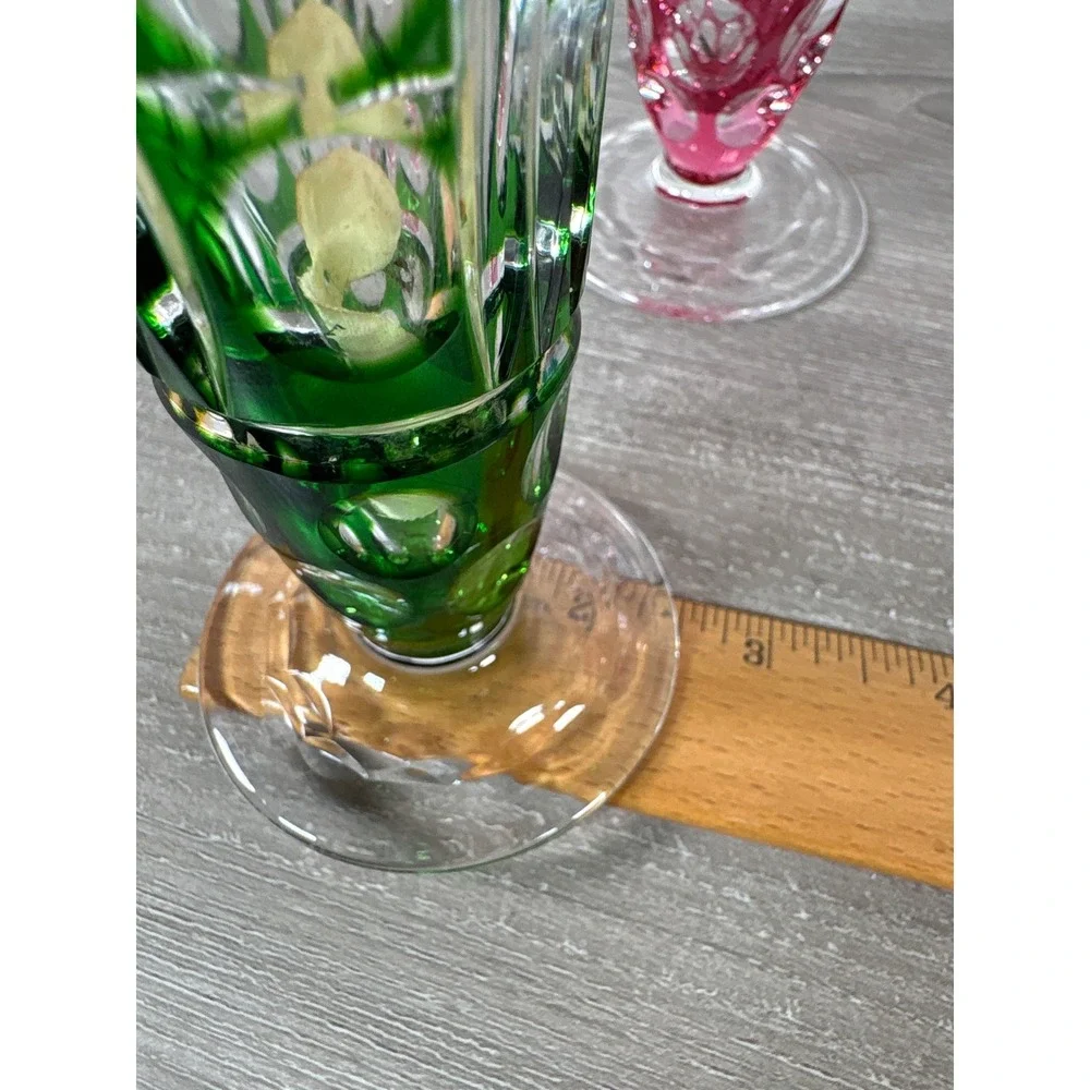 Vintage Bohemian Cut to Clear Crystal Bud Vases Pink Green Pair 6.5 Inch